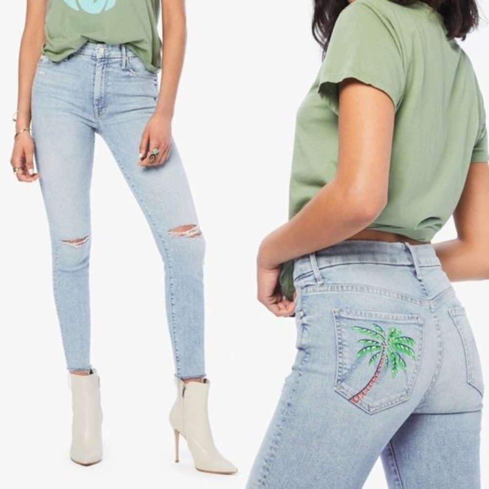 MOTHER Light Wash High Rise Skinny Jeans with Palm Embroidery